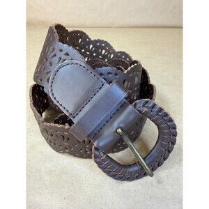 J. Jill Leaf Punch Design Wide Brown Leather Belt Hip or Waist Hippie Boho Sz M